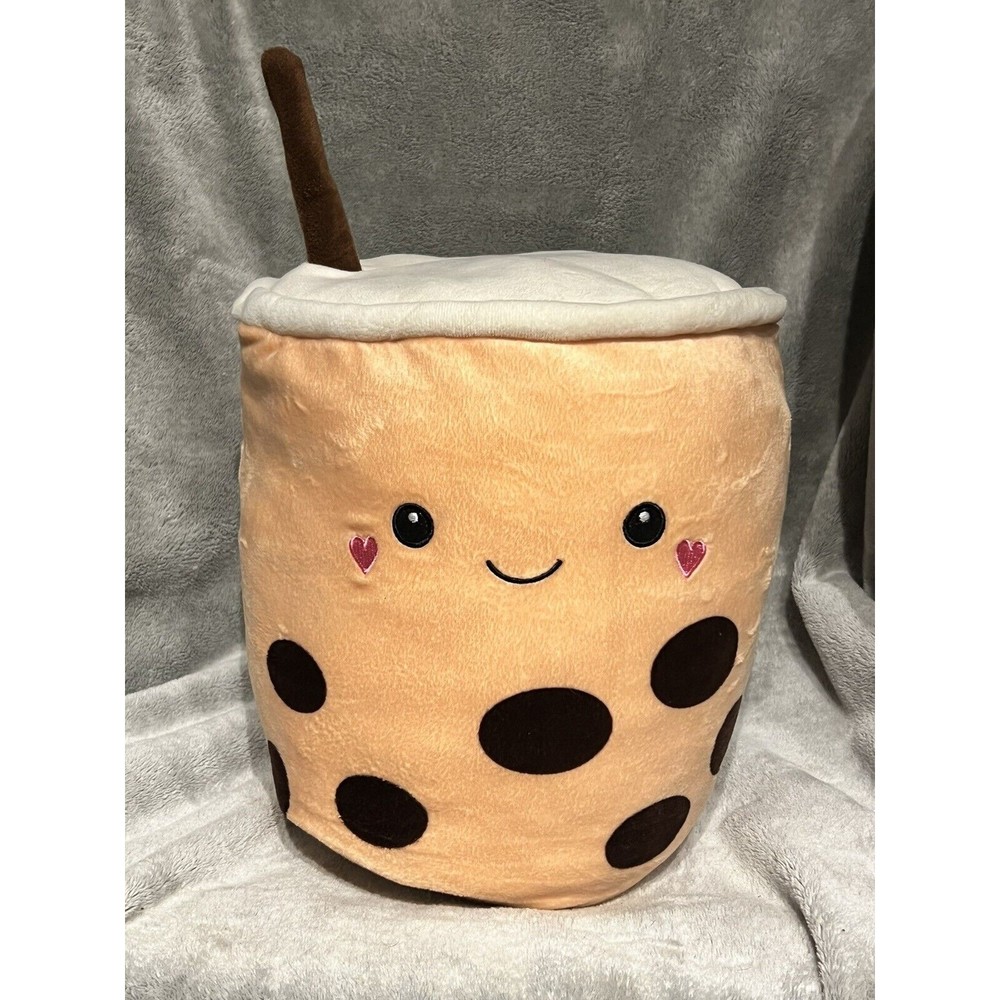 BOBA Bubble Tea HugMe 12” Stuffed Plush Tan Pillow Hearts Valentine Love Squish